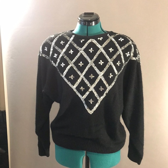 Vintage 80s Black Silver Sequin Sweater Medium - Picture 3 of 8